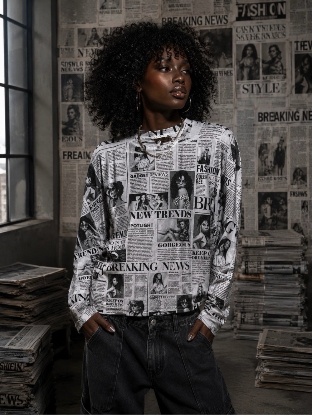 Beware Newspaper Print Long-Sleeve Tee - Black & White-EUC